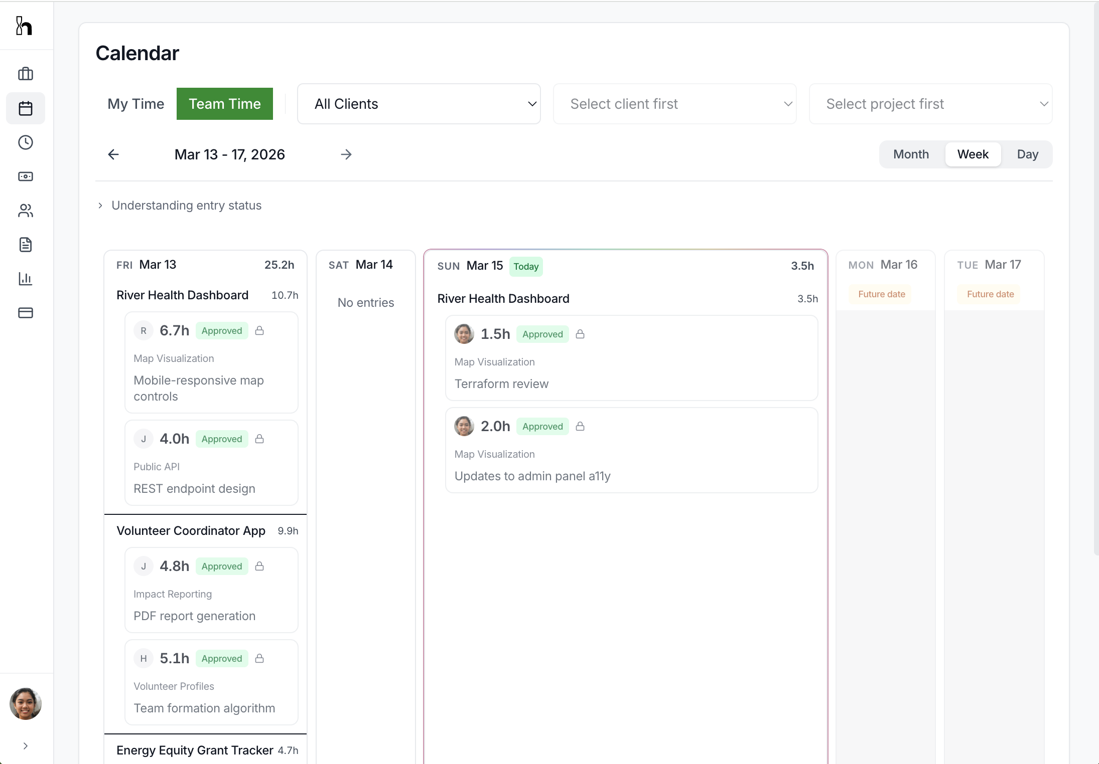 Calendar view with team time entries