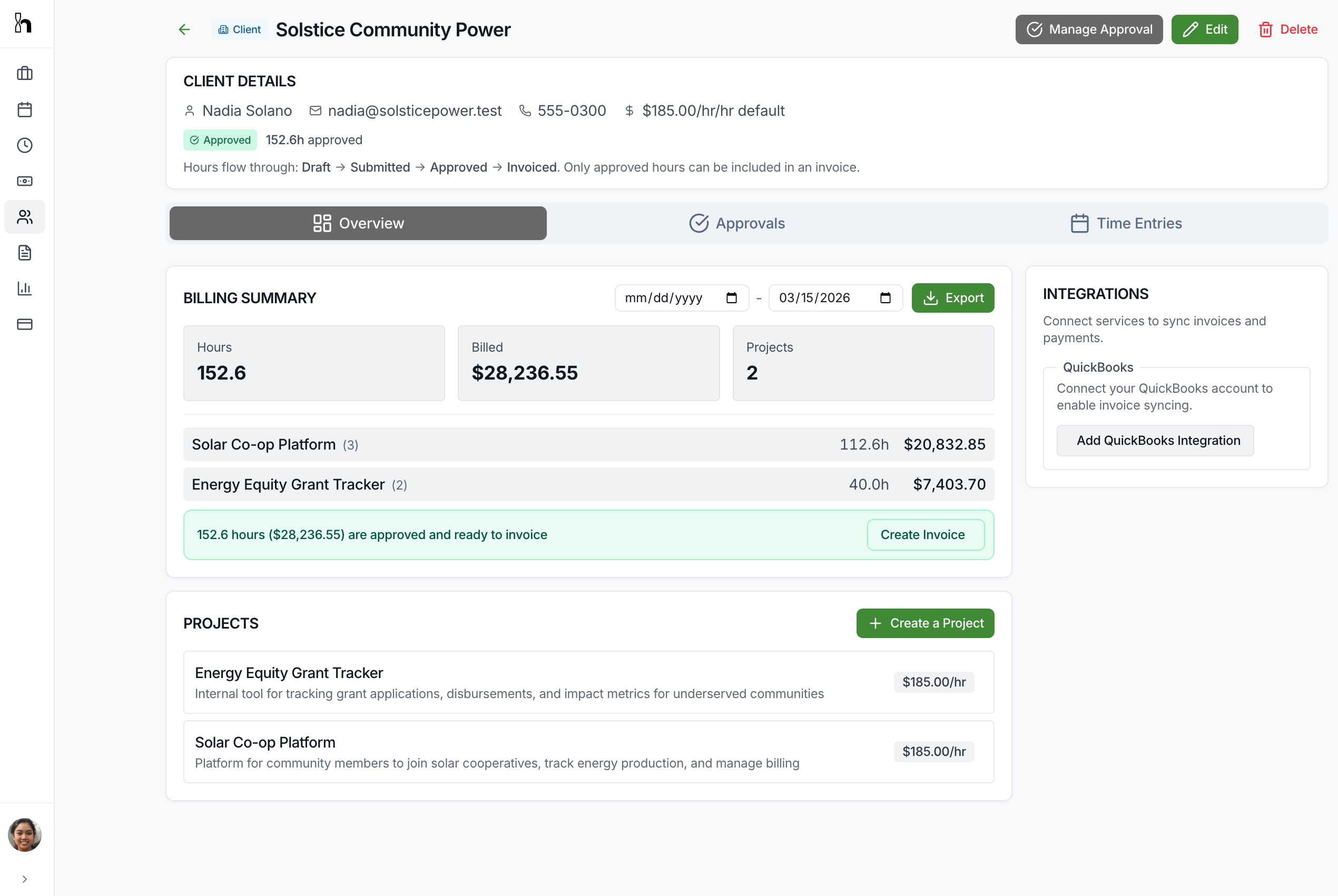 Client overview with billing summary, projects, and integrations