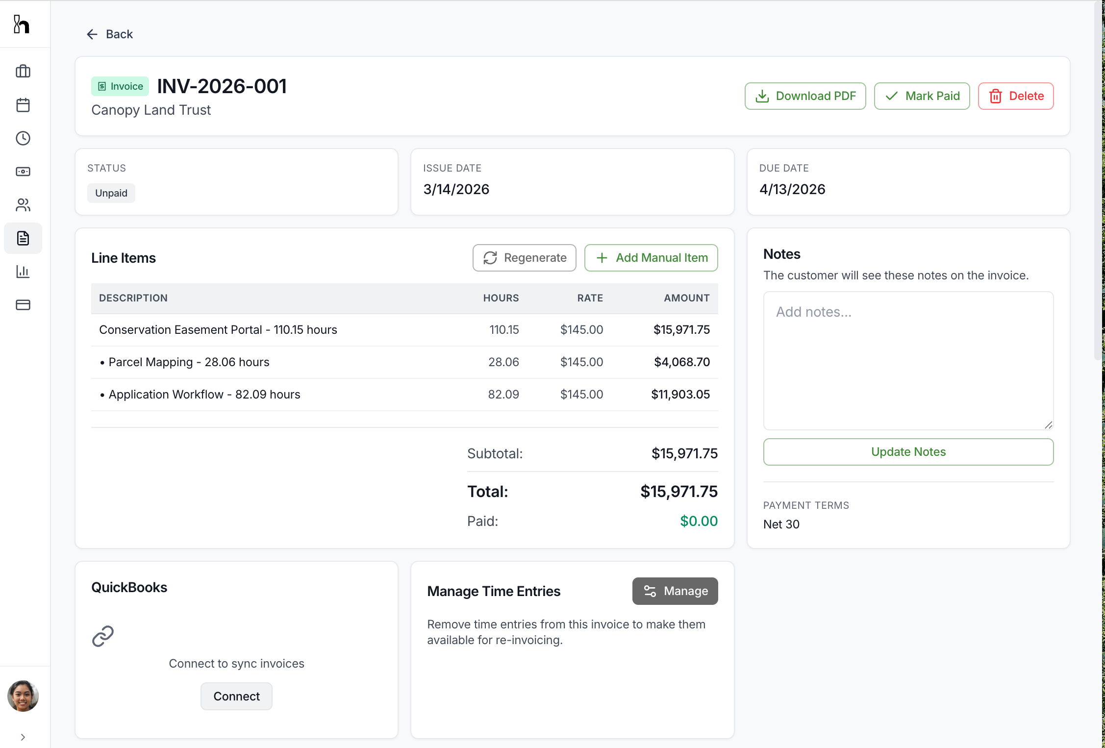 Invoice with line items and QuickBooks integration