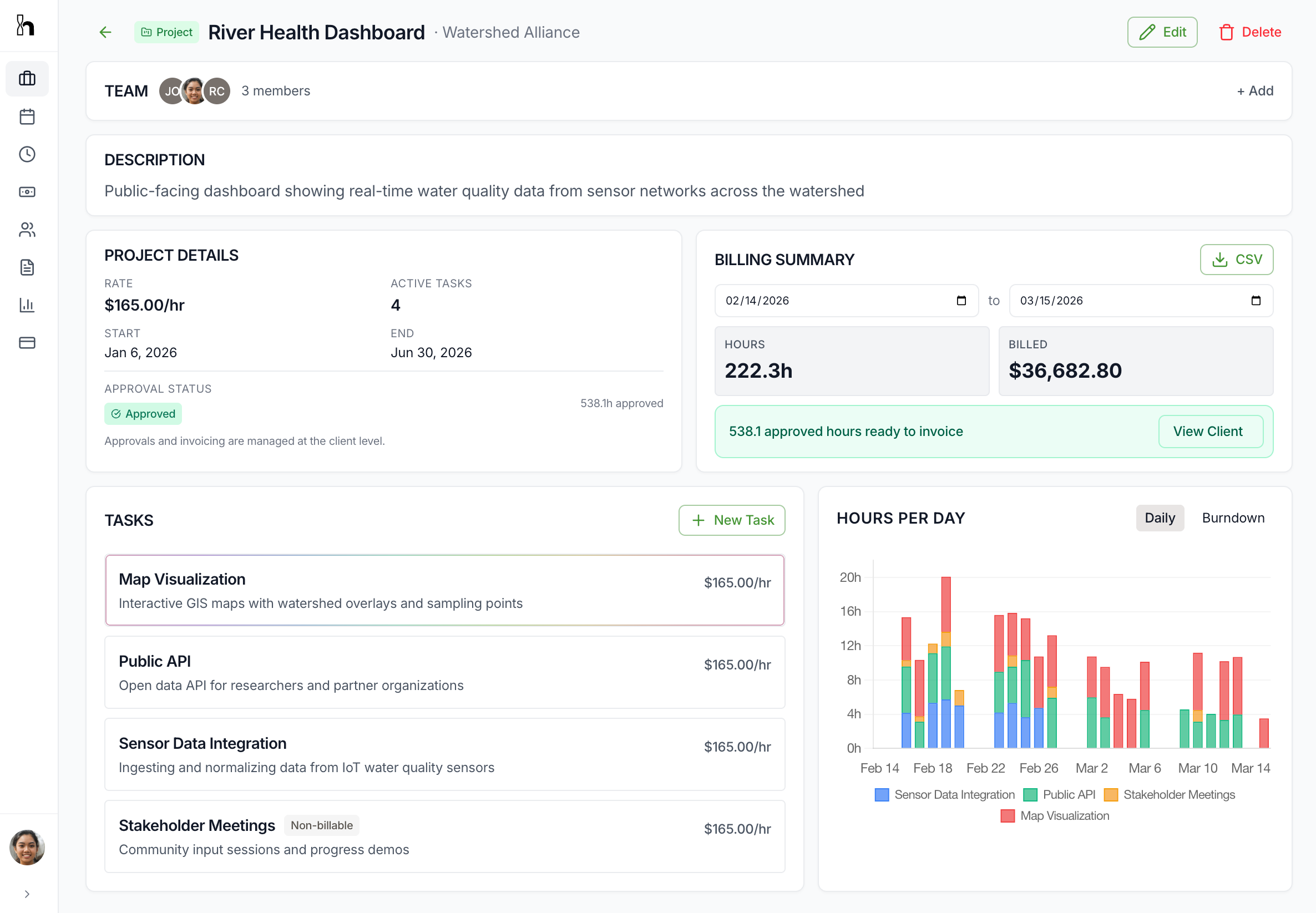 Hours client view in light mode