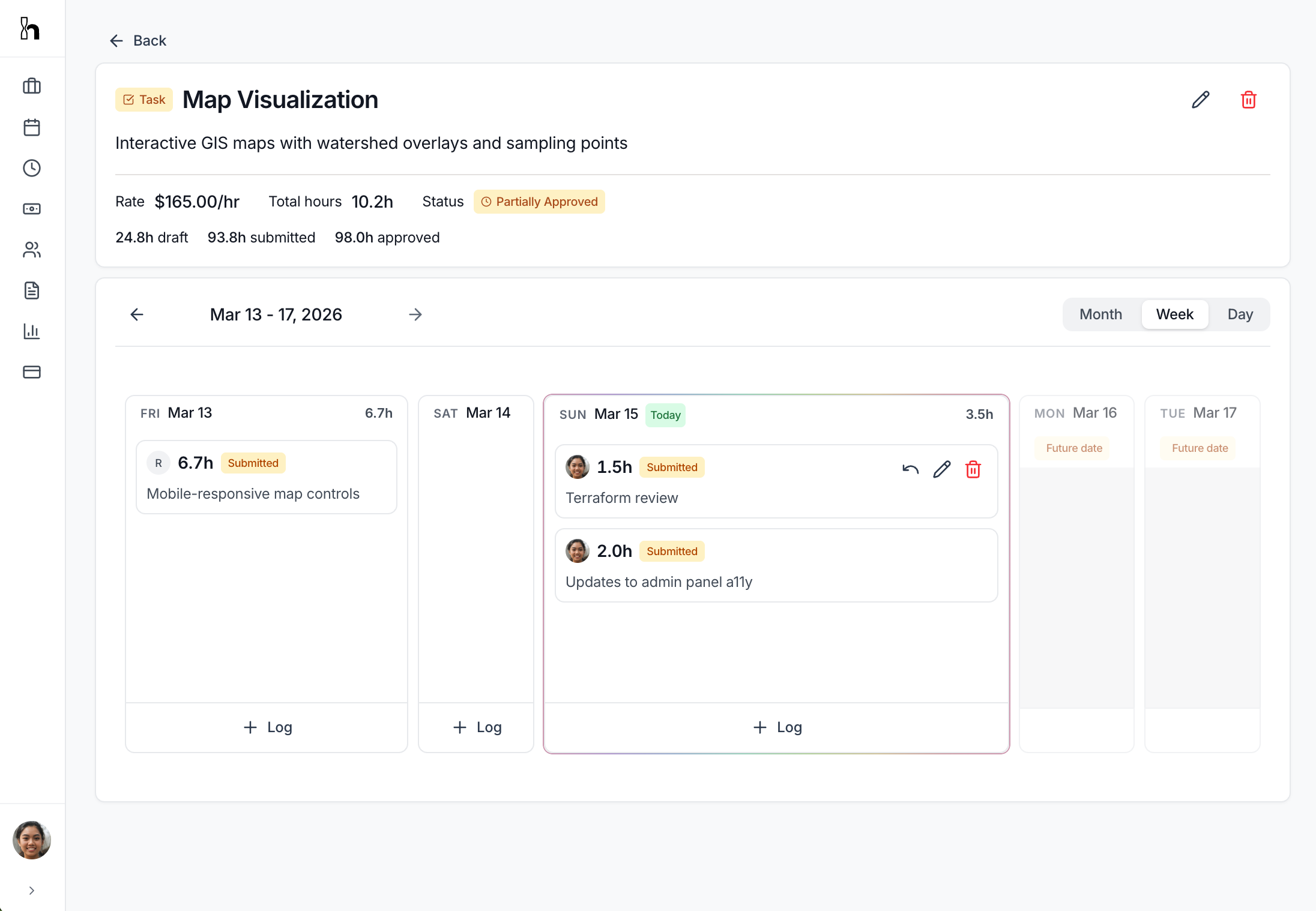 Weekly time tracking view for a task